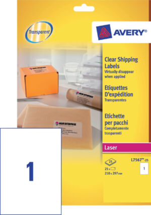 ETIKET AVERY L7567-25 210X297MM 25ST TRANSP