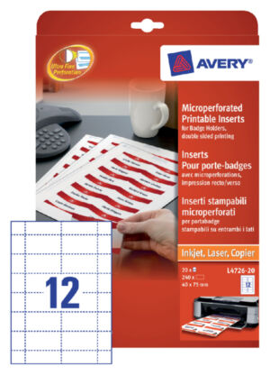 BADGEKAART AVERY L4726-20 40X75MM 240ST PERF